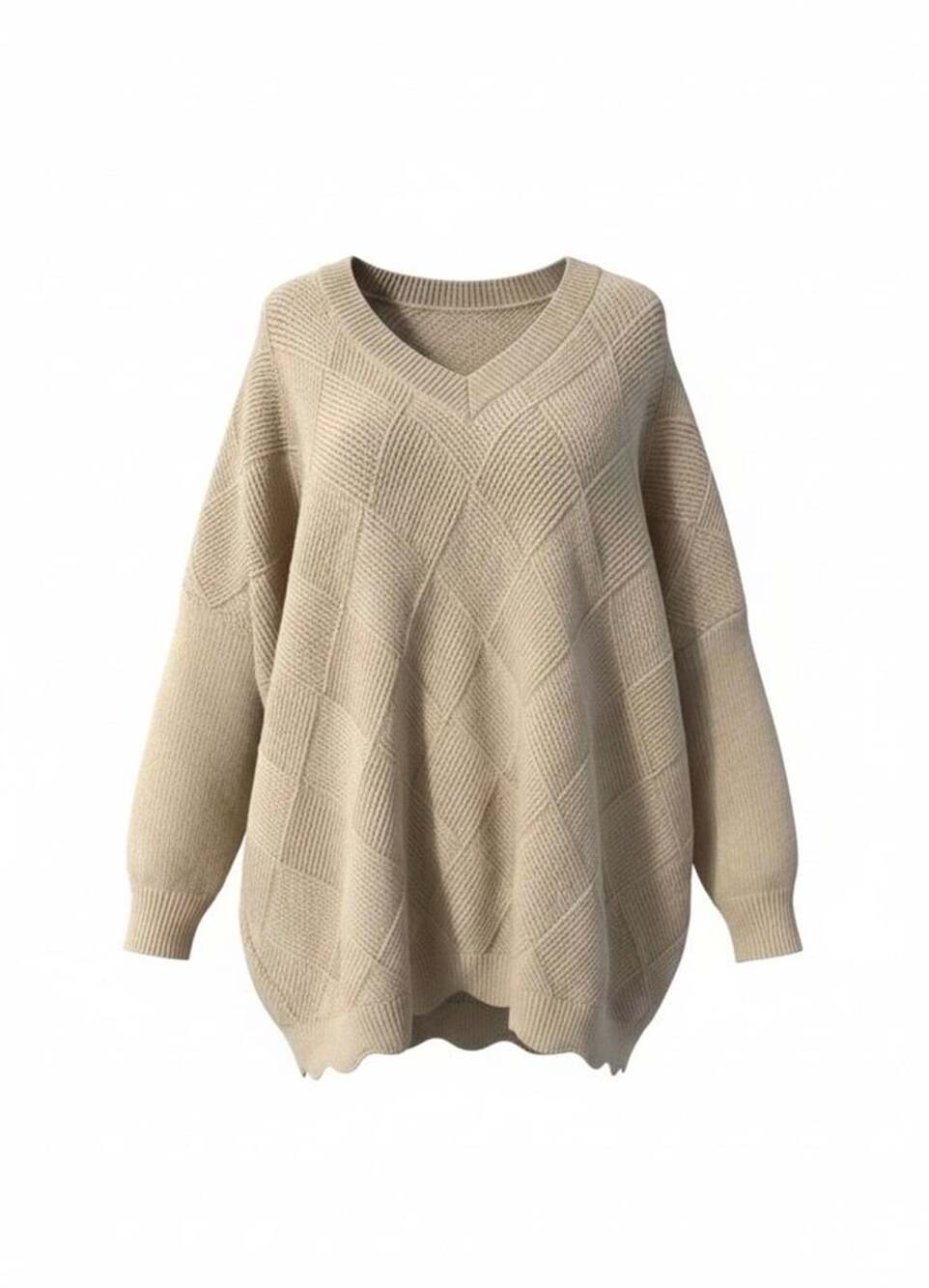 Women's Beige Oversized V-Neck Diamond Knit Sweater Size Small Cozy Pullover
